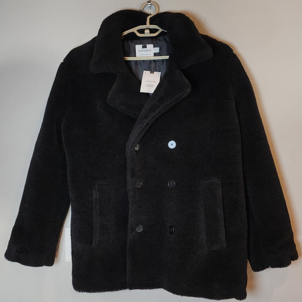 NWT Topman Black Faux Wool Double Breasted Coat Men's Size Large